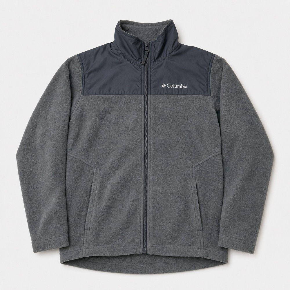 Columbia Mens Gray Full Zip Fleece Jacket Nylon Yoke Outdoor Hiking